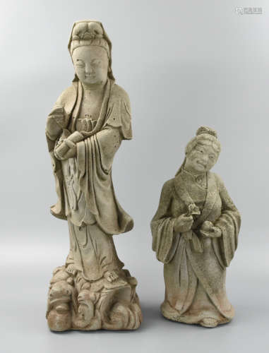Two Large Carved Stone: Guanyin & Woman,Qing D.