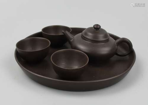 Chinese Zisha Tea Set w/ Tray, 3 Cups, & Teapot