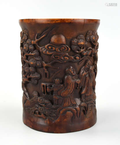 Chinese Carved Bamboo Brush Pot w Figures, 20th C.