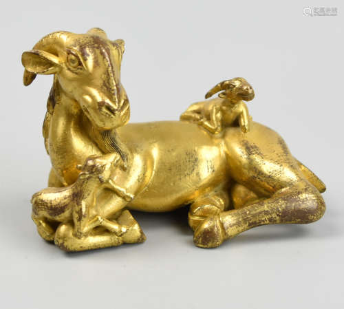 Chinese Gilt Bronze Paperweight Goat Statue,Qing D