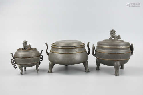 3 Pewter Archaistic Tripod Censer & Cover, 19th C