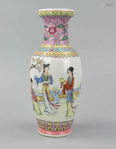 Chinese Pastel Hue Famille Rose Vase w/ Lady,1950s