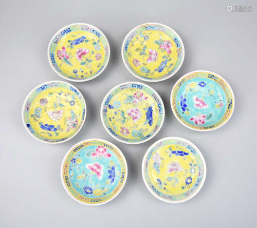 7Chinese Famille Rose Saucer Set w/ Flower ,19th C