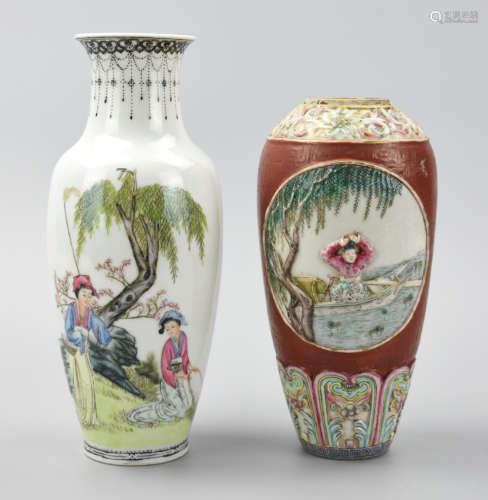 (2) Famille Rose Vases: Riverside & Lady,19-20th C