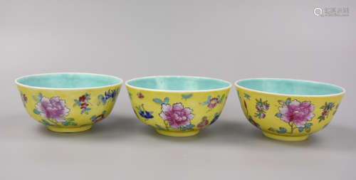 3 Chinese Yellow Enameled Famille Rose Bowl,20th C