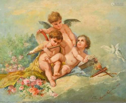 Marie CARRER (XIX XXe siècle) Scène d'angelots mus…