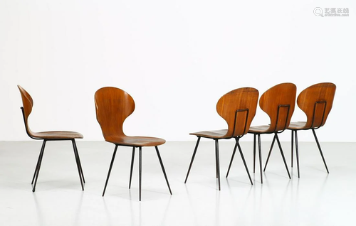 CARLO RATTI Five chairs, 50s. (5).