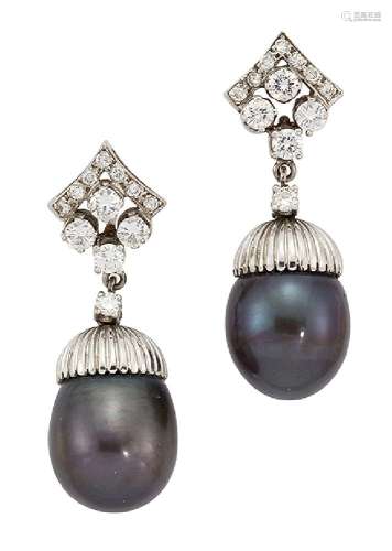 A pair of black cultured pearl and diamond earrings, the drops designed as acorns, each black
