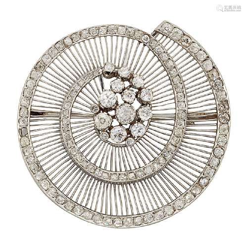 A diamond brooch, of old and circular-cut diamond spiral design with cluster centre against a