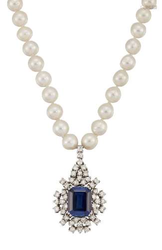 A cultured pearl, diamond, sapphire and synthetic sapphire necklace, the single row cultured pearl