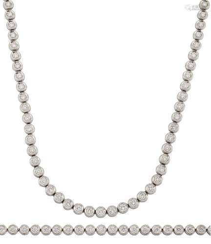 A diamond necklace and bracelet, each composed of a line of collet-set brilliant-cut diamonds,