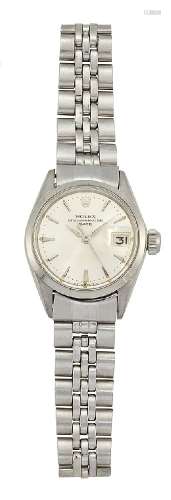 A lady's stainless steel 'Oyster Perpetual Date' wristwatch by Rolex, Ref. 6516, the silvered dial