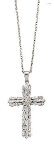 A diamond cross pendant necklace, the tapered baguette-cut diamond cross with central brilliant-