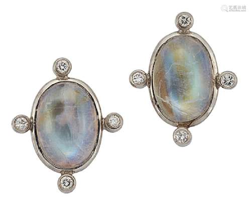 A pair of 18ct white gold, moonstone and diamond earrings, each closed-set oval cabochon moonstone