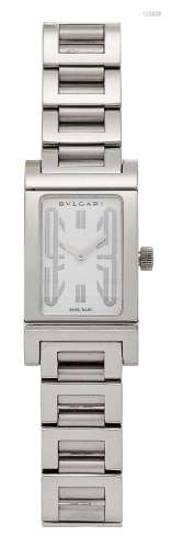 A stainless steel 'Rettangolo' quartz wristwatch by Bulgari, the rectangular white dial with