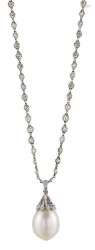 A cultured pearl and diamond pendant necklace, the pear shaped cultured pearl drop, diameter