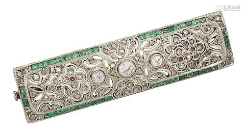 An early 20th century diamond and gem brooch, the rose-cut diamond pierced rectangular panel of