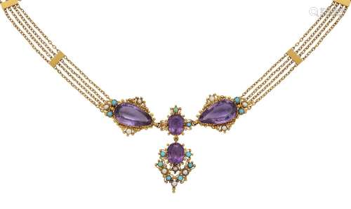 A 19th century gold, amethyst and gem necklace, the central oval amethyst drop suspended from a