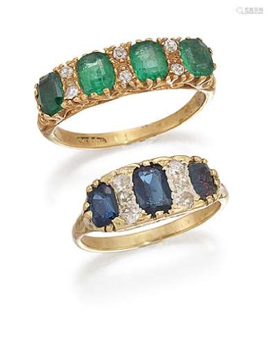 Two diamond and gem rings, the first an emerald and diamond half-hoop composed of four cushion-