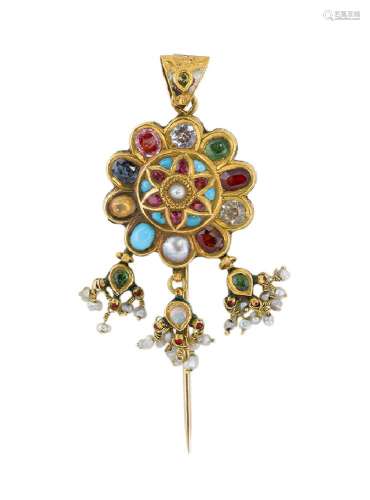 An Indian gem and enamel pendant / stickpin, of Navaratna design, the central foiled pear shaped