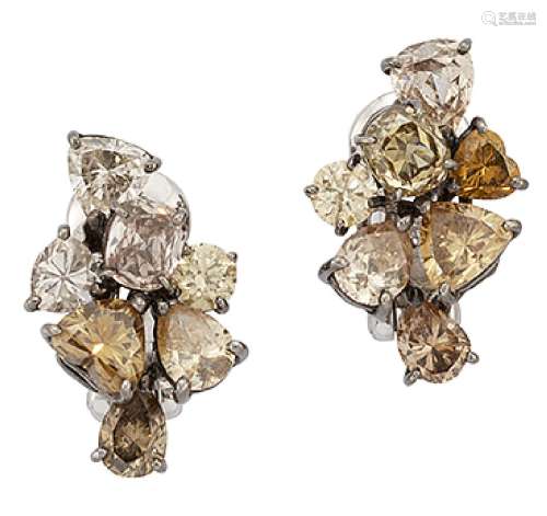 A pair of coloured diamond and diamond earrings, of vari-cut diamond, yellow and brown diamond