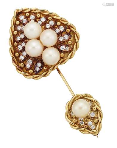 A diamond and cultured pearl sureté pin, the brilliant-cut diamond-set heart shaped panel with