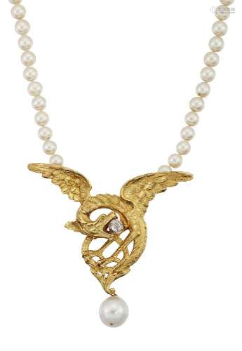 A cultured pearl and diamond necklace, the central dragon motif with rose-cut diamond single stone