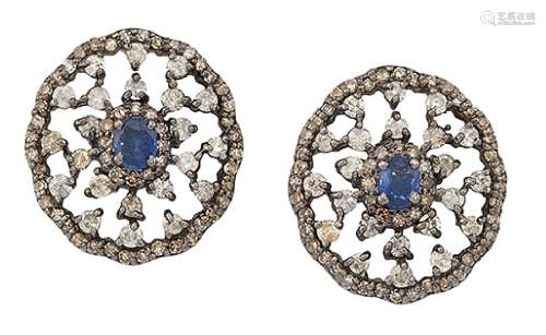 A pair of sapphire, diamond and coloured diamond oval cluster earstuds, each designed as a central