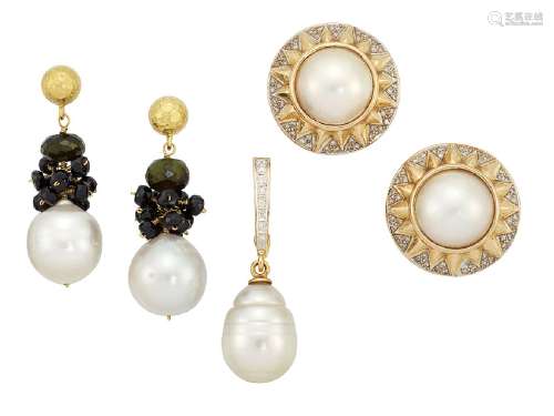 A diamond and cultured pearl pendant, the baroque cultured pearl drop with graduated brilliant-cut
