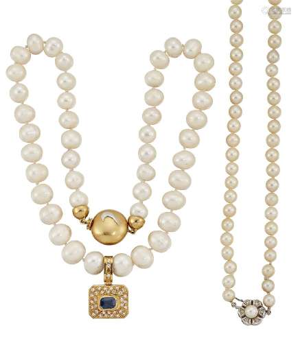 A sapphire and diamond pendant, a freshwater cultured pearl necklace and a cultured pearl