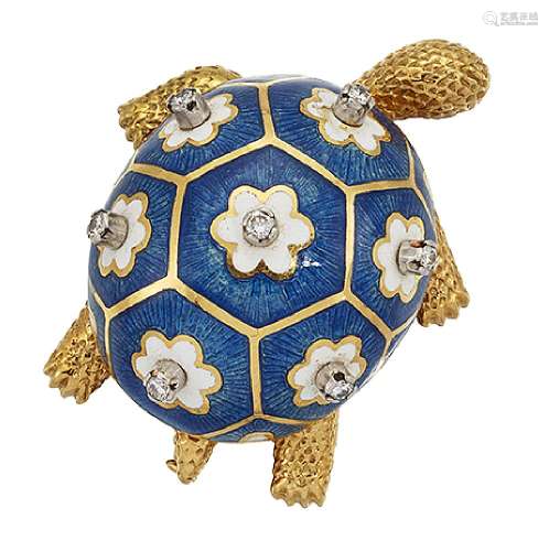 A diamond and enamel turtle brooch, with shaded blue guilloché enamel sectioned body, each section