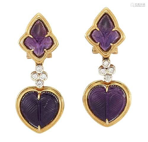 A pair of amethyst and diamond earrings, each carved heart heaped amethyst bead collet drop to