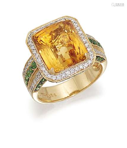 A citrine, diamond and garnet cluster ring, the central fancy-cut rectangular citrine within a
