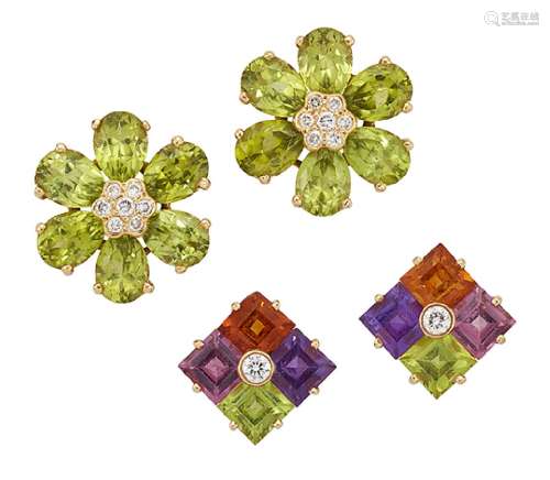 Two pairs of gem-set earrings, the first with peridot petals radiating from a central pave-set