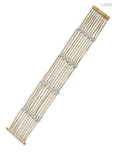 A diamond-set bracelet, of multi-row fine belcher link design set at intervals with lines of