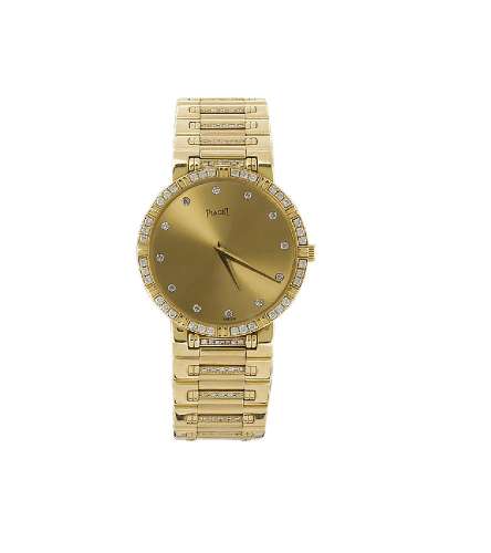 An 18ct gold and diamond quartz wristwatch by Piaget. the circular gilt dial with brilliant-cut