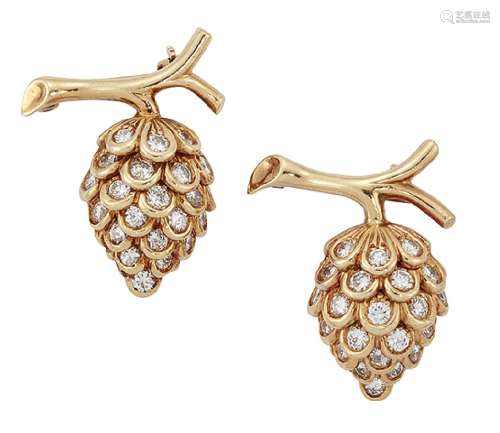 A pair of diamond brooches by Verdura, modelled as brilliant-cut diamond pine cones with branch