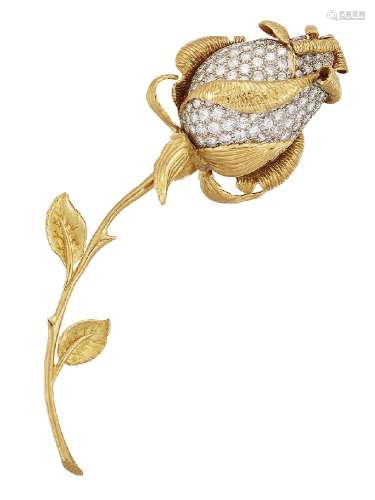 A diamond rose bud brooch, the pave brilliant-cut diamond bud with leaf and stem detail, numbered