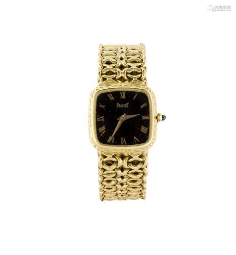 An 18ct gold manual wind wristwatch, by Piaget, the square-shaped black dial with Roman numerals and