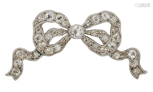 A diamond bow brooch, the openwork ribbon bow set with old-brilliant-cut diamonds with diamond