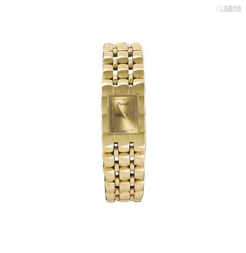 A lady's 18ct gold quartz wristwatch, by Piaget, the rectangular brushed dial with dot marker