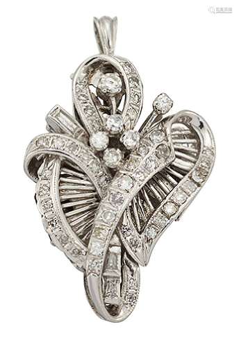 A diamond cluster brooch/pendant, of entwined ribbon spray design set throughout with single-cut