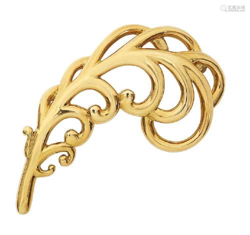 An 18ct gold feather brooch by Paloma Picasso for Tiffany & Co., designed as a scrolling openwork