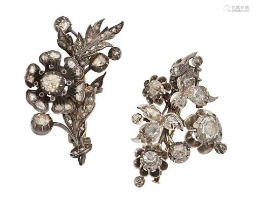 Two 19th century rose-cut diamond brooches, of floral spray design, mounted in silver and gold,
