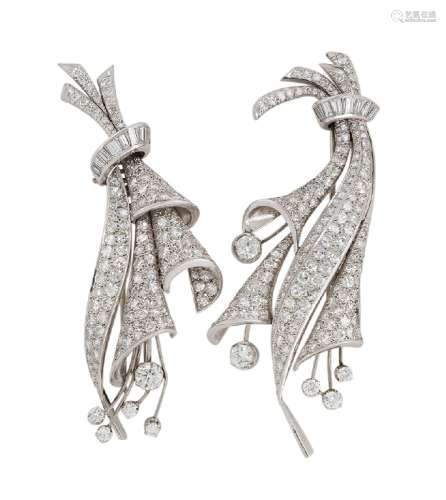 A pair of diamond clip brooches, of similar spray bouquet design, each with a ribbon of baguette cut