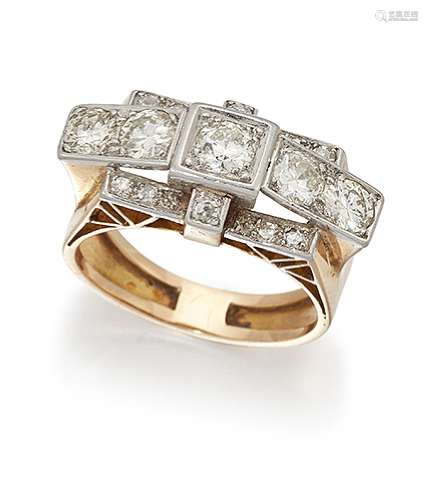 A 1940s diamond half-hoop ring, the central circular-cut diamond within square collet setting to