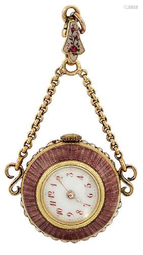 An early 20th century gold and enamel ball pendant watch, the white enamel dial with red Arabic