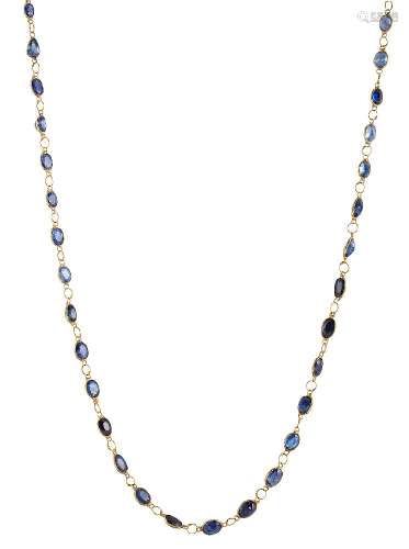 A sapphire necklace, composed of a line of oval, cushion and pear shaped sapphire collets, length