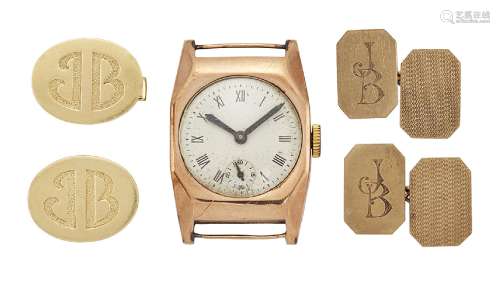 Two pairs of cufflinks and a 9ct gold wristwatch, one pair of cufflinks of 9ct gold cut-cornered