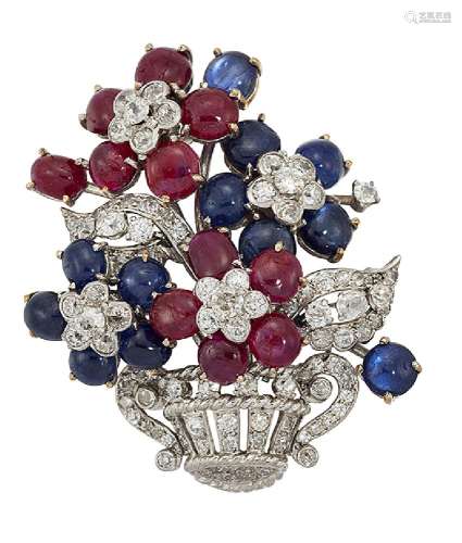 A diamond, ruby and sapphire brooch, designed as a basket of flowers with four oval and circular